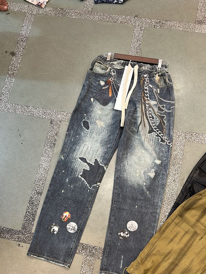 SOUXING Grey Colour with Printed  Work Premium Quality Regular Fit Korean Denim Jeans 2159