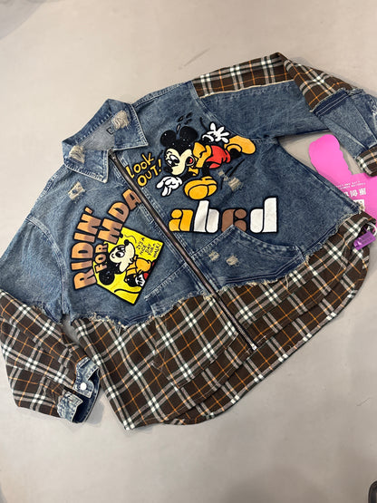 Lda Ridin For Mda Blue Brown White Check Micky Print Ruged Denim Zipper Jacket Free Size 22710