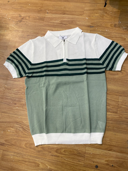 Men Stylish Pista Green White Colour Green Lining Half Zip Knitted Premium Quality Unisex Collar T-Shirt R86028