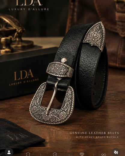 LDA Silver Buckle Black Strap Heavy Design Premium Quality Unisex Belt 991439