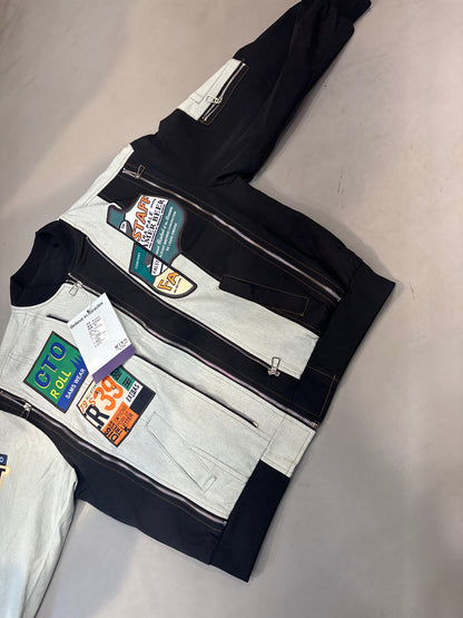 LDA Cto Roll Sams Wear Blue Black Designer Patch Work Zip Work Full Sleeve Denim Jacket K25821