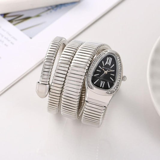 LVB Silver Snake Chain Ladies Stud Black Dial Watch 989353