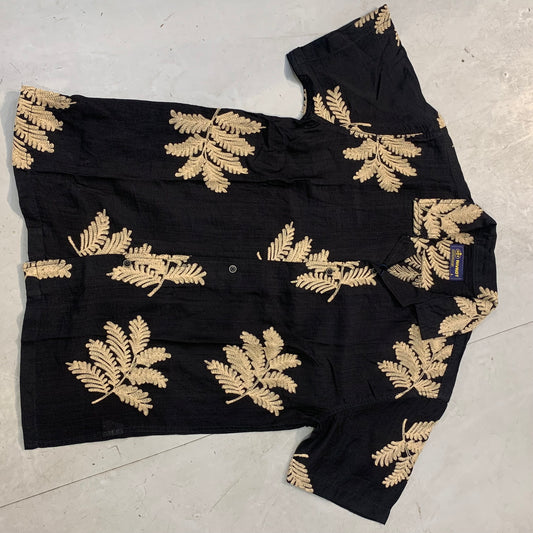 RIVROT RDT Black Colour With Beige Flower Embroidery Premium Quality Half Sleeve Men’s Linen Shirt D5081