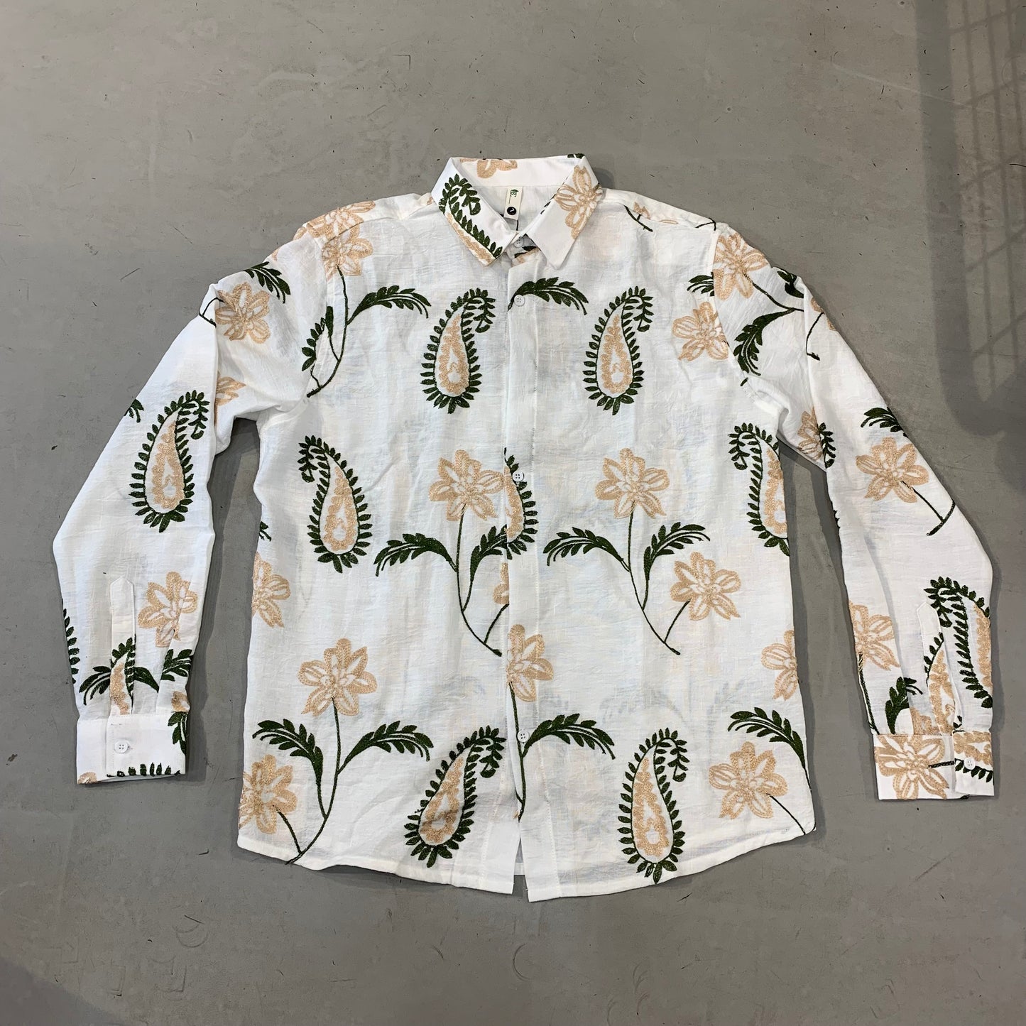 BC White Colour Flower Embroidery Linen Premium Quality Full Sleeve Shirts 9193