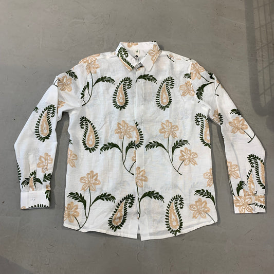 BC White Colour Flower Embroidery Linen Premium Quality Full Sleeve Shirts 9193