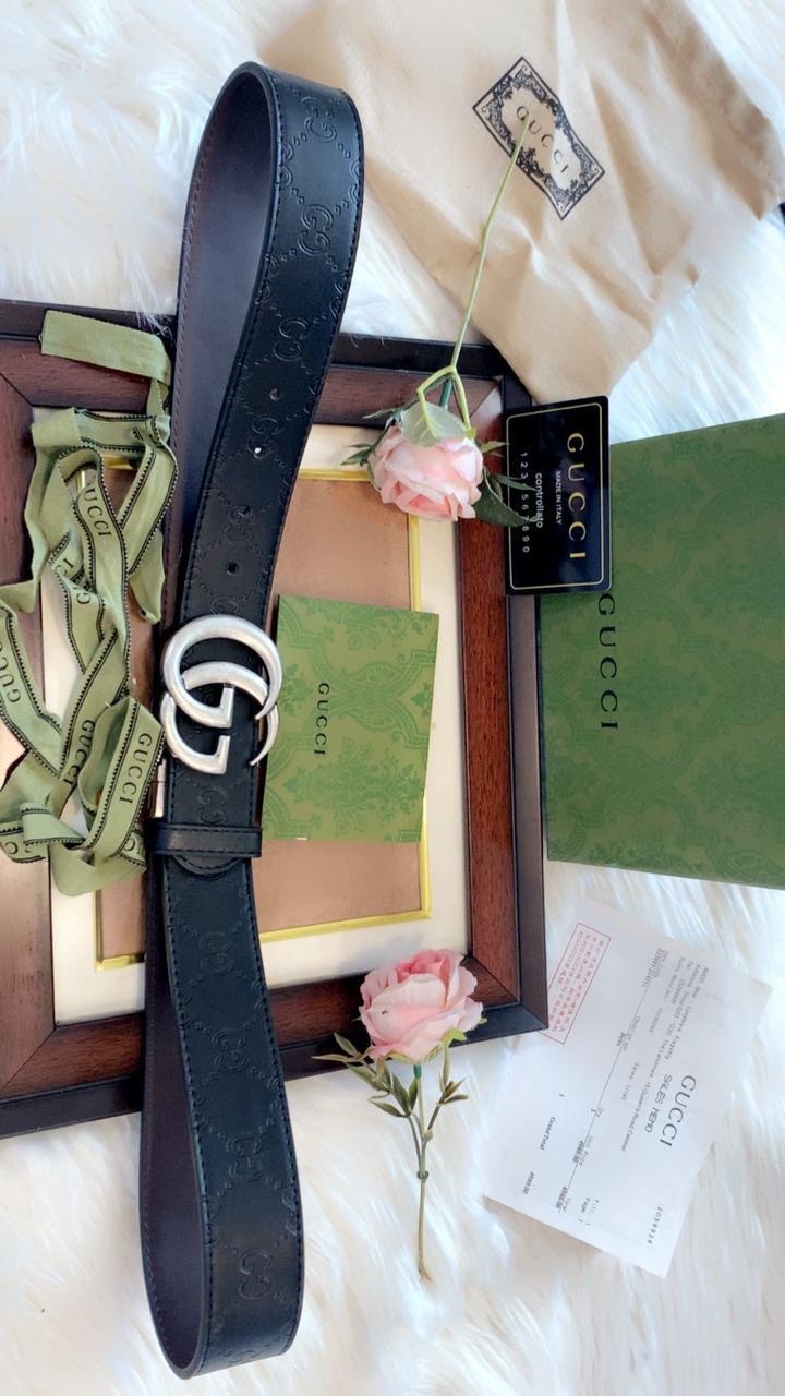 Cug Guc Black Strap Print Silver Buckle Belt 989060