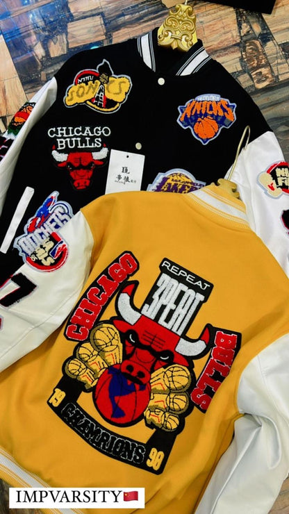 Bulls Black Colour With Front Back Embroidery Premium Quality Varsity Jacket 66801