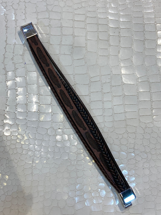 Brown Colour Feathers Print Silver Lock Unisex Leather Bracelet 988442