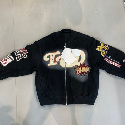 LUCKYS Black Grey With Back Patches Embroidery Premium Quality Unisex Denim Varsity Jacket 85062