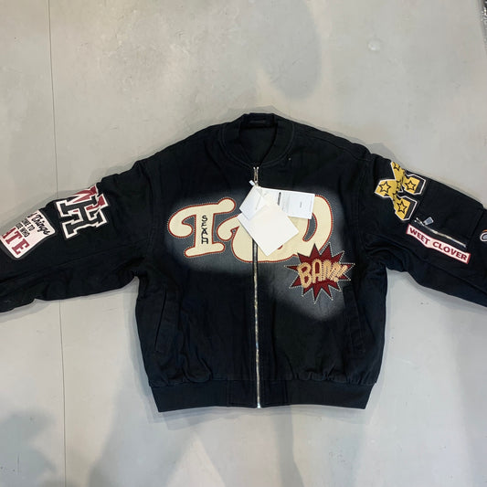 LUCKYS Black Grey With Back Patches Embroidery Premium Quality Unisex Denim Varsity Jacket 85062