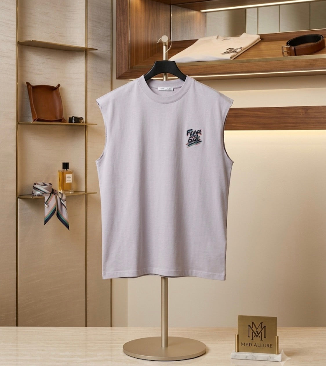 CHEN YI Grey Colour Fear No One Print  Cut Sleeve Sando CY2711