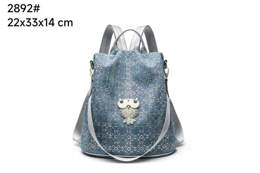 EYE THEME Owl Brooch Design With Stud Work Premium Quality Denim &Leather Sling & Backpack 1150