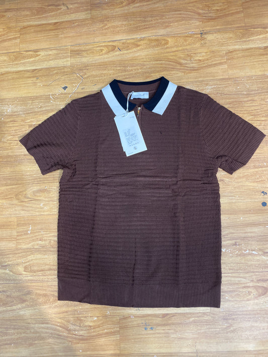UOY Youdian Brown Colour Half Zip Knitted Premium Quality Unisex white Black Collar T-Shirt  P1020