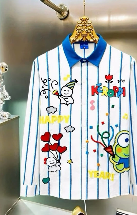 CHLEN/RTEEL White Blue Colour With KEROPPI Embroidery Cartoon Patch Full Sleeve Imported Oversized Unisex Shirt HY503