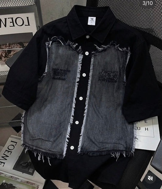 VOGUE DESIGN SLOW ORAIP OF SAND Black With Grey Denim Half Sleeve Drop Shoulder Imported Men’s Shirt 2665
