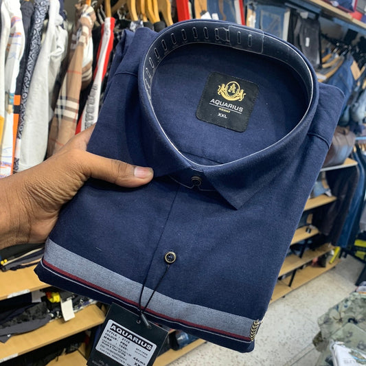 Aquarius Navy Blue Color With Line Print Design Premium Quality Shirt 2179
