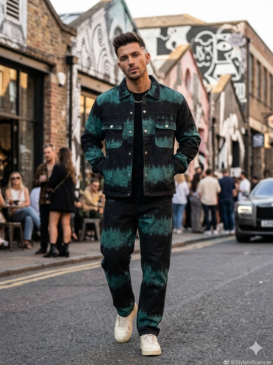 SHOW HONOR Denim Black Green Colour With Smiley Print Shirt And Jeans Imported Unisex Coord Set A002
