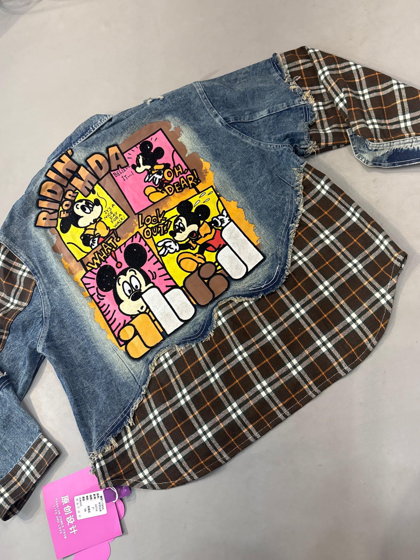 Lda Ridin For Mda Blue Brown White Check Micky Print Ruged Denim Zipper Jacket Free Size 22710