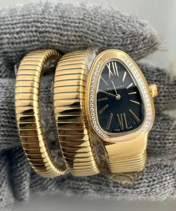 LVB Golden Snake Chain Ladies Stud Black Dial Watch 989350