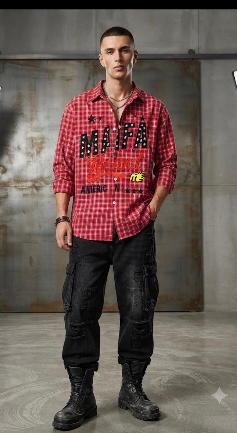 CIWEI STUDIO Red  Colour Mafa Embroidery Premium Quality Full Sleeve  Imported Shirt D166-A