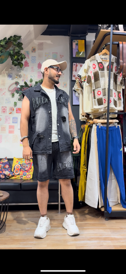 Bal Lab Black Grey Cut Sleeve Shirt With Shorts Denim Coord Set 88008