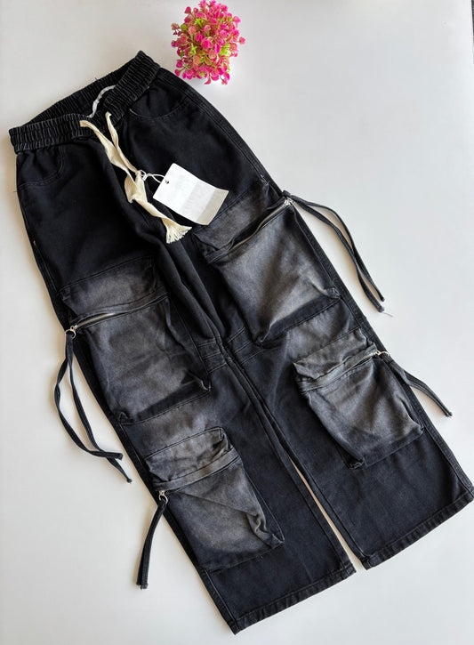FASHION Black Grey Faded Colour 8 Pocket Imported Unisex Cargo Jeans 2508