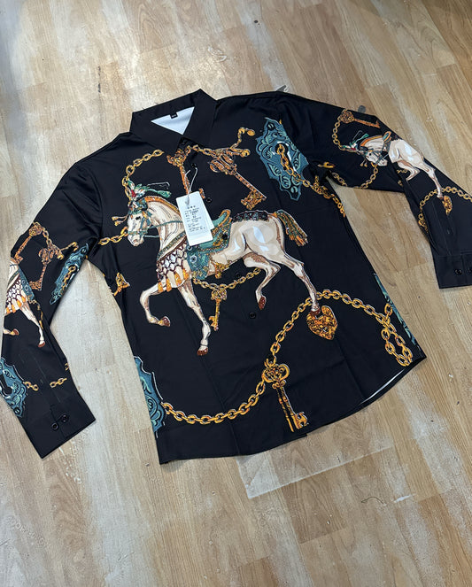 Modenggeda Black Horse Print Colour Stone Print Full Sleeve Imported Shirt 72567