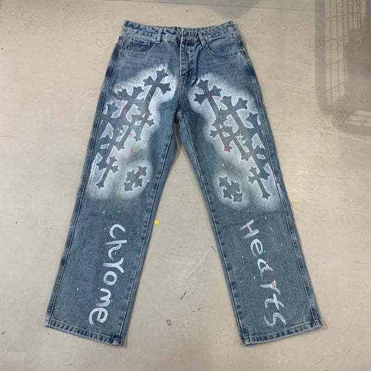 RHC CHR Faded Blue Colour Printed Imported Straight Baggy Fit Men’s Jeans 825