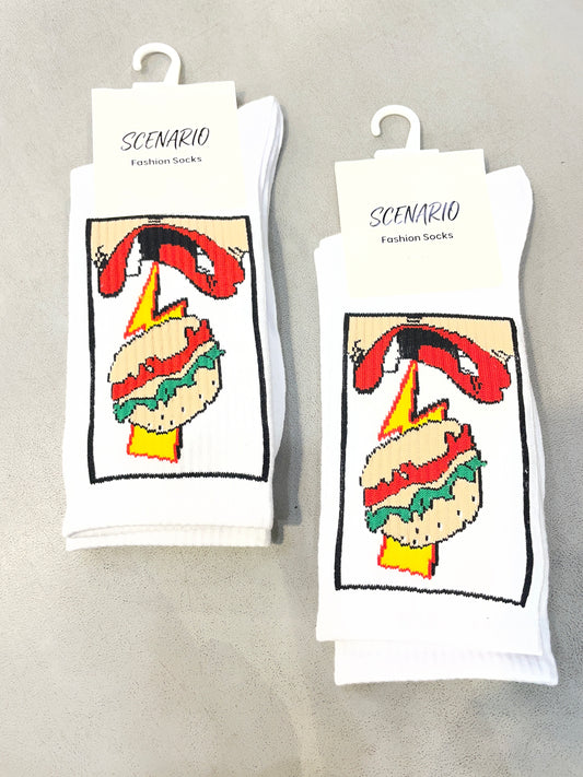 Scenario White Colour Cream Red Print Premium Quality Full Socks 991175