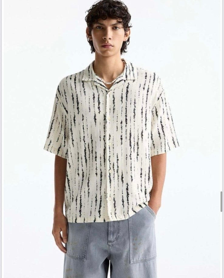 LDA Cream Colour Black Line Printed Half Sleeve Men’s Shirt 989630