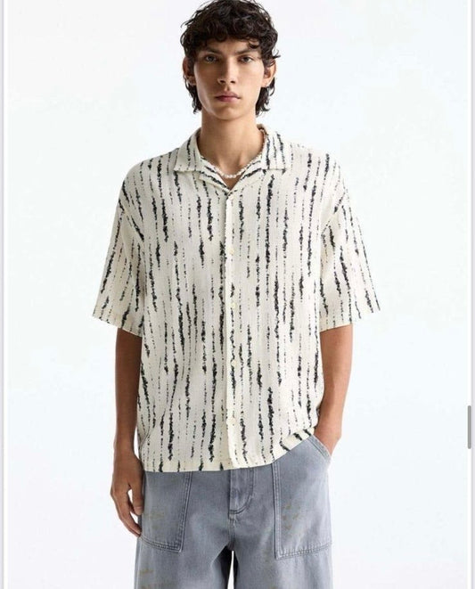 LDA Cream Colour Black Line Printed Half Sleeve Men’s Shirt 989630