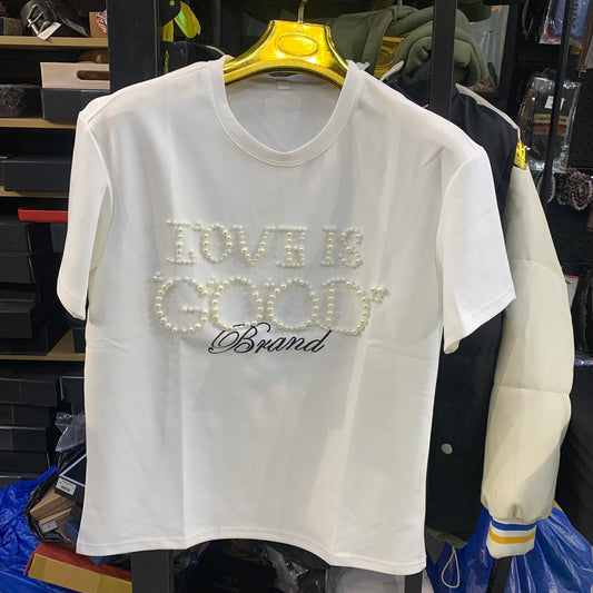 LOVE IS GOOD White Colour With Pearl Stud Round Neck Imported Unisex Tshirt 8301