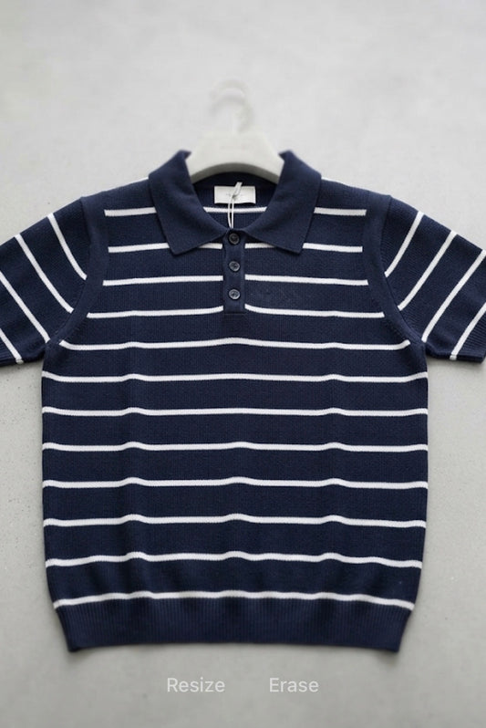 Men Stylish Blue Colour White  Lining Knitted Premium Quality Unisex Collar T-Shirt R86039
