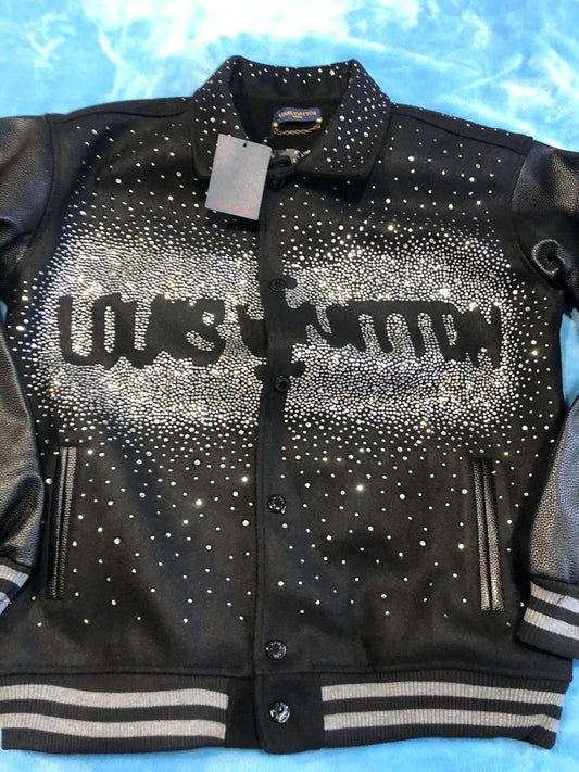 Uol Black Colour Stud Work Leather Sleeve Jacket 989768
