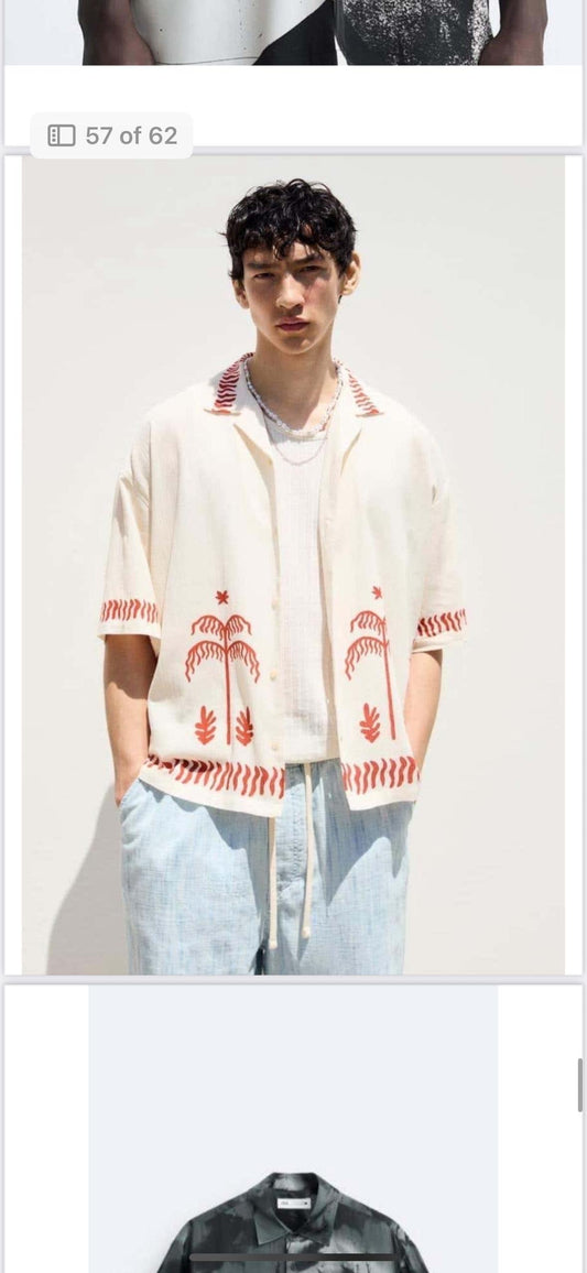 LDA Cream With Orange Tree Print Half Sleeve Men’s Shirt 989615