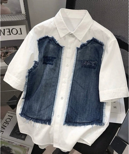 VOGUE DESIGN SLOW ORAIP OF SAND White With Blue Denim Half Sleeve Drop Shoulder Imported Men’s Shirt 2665
