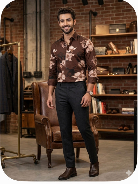 AQUARIUS Brown Colour Black Pink Flower Print Black Stud Premium Quality Full sleeve Shirt 990767