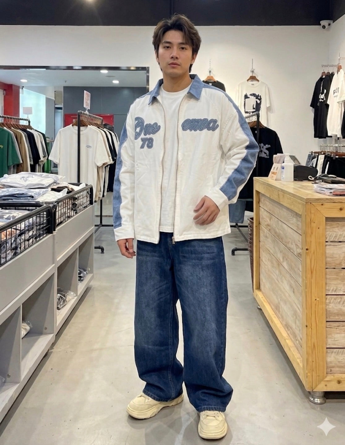 Vogue Design White Colour Blue Denim Dnserrar 78 Print With Zip Full Sleeve Imported Men’s Shirt 1009