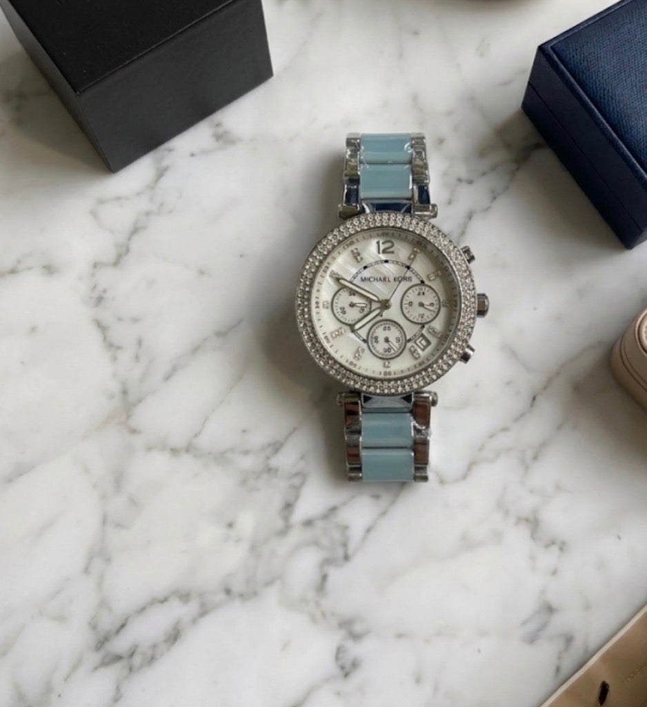 CIM MIC Silver Sky Blue Chain White Dial Studd Ladies Ceramic  Watch 991019