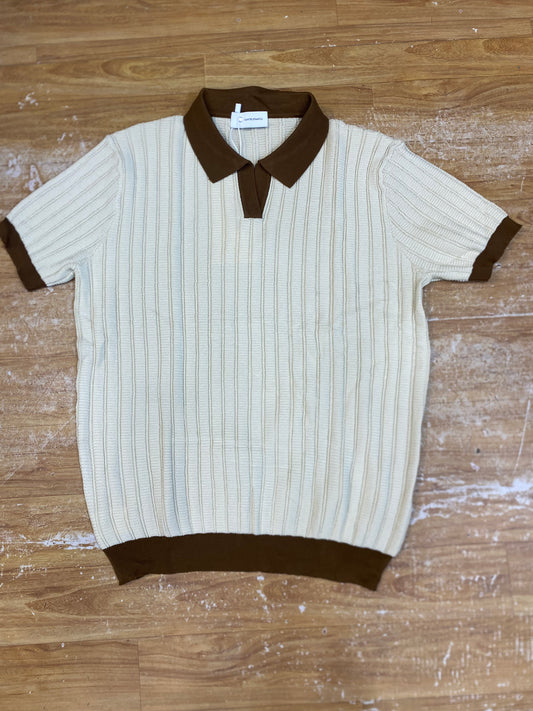 Ultimate Details Cream colour Knitted Brown Collar Premium Quality Unisex Collar T-Shirt K87017