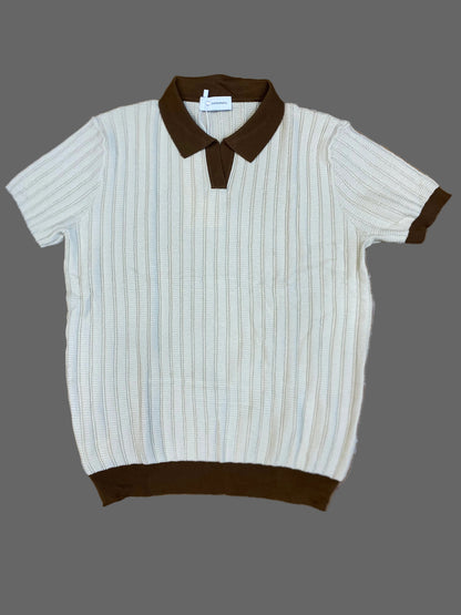 Ultimate Details Cream colour Knitted Brown Collar Premium Quality Unisex Collar T-Shirt K87017