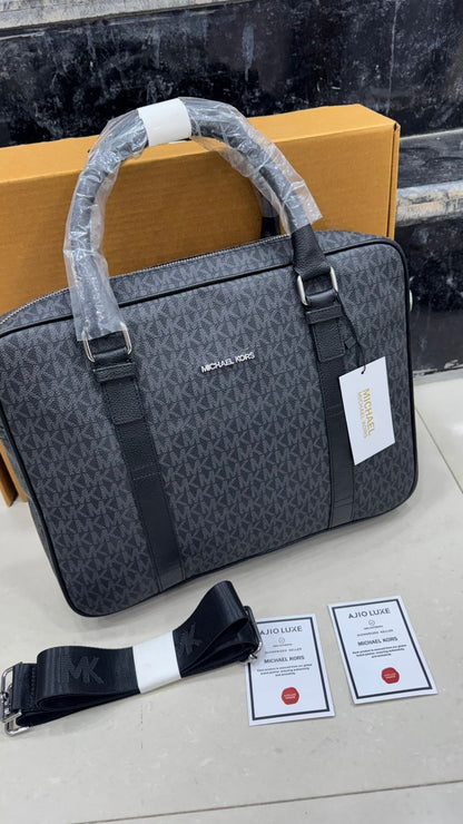 CIM MIC KM Print Genuine Leather With Multiple Zipper Premium Quality Unisex Laptop Bag With Box 989741