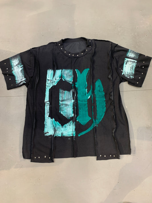 Dark Grey Colour Green Paint With Stone Studd Premium Quality Imported Oversized Unisex T Shirt 990372