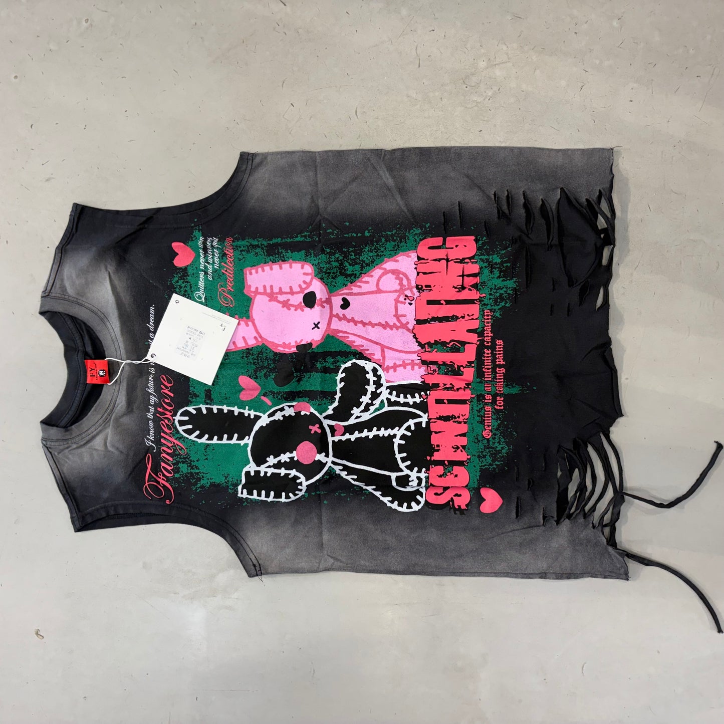 FY FANYESTORE Faded Black Grey Colour Pink Bunny Print Rugged Style Imported Unisex Tank Top 3630