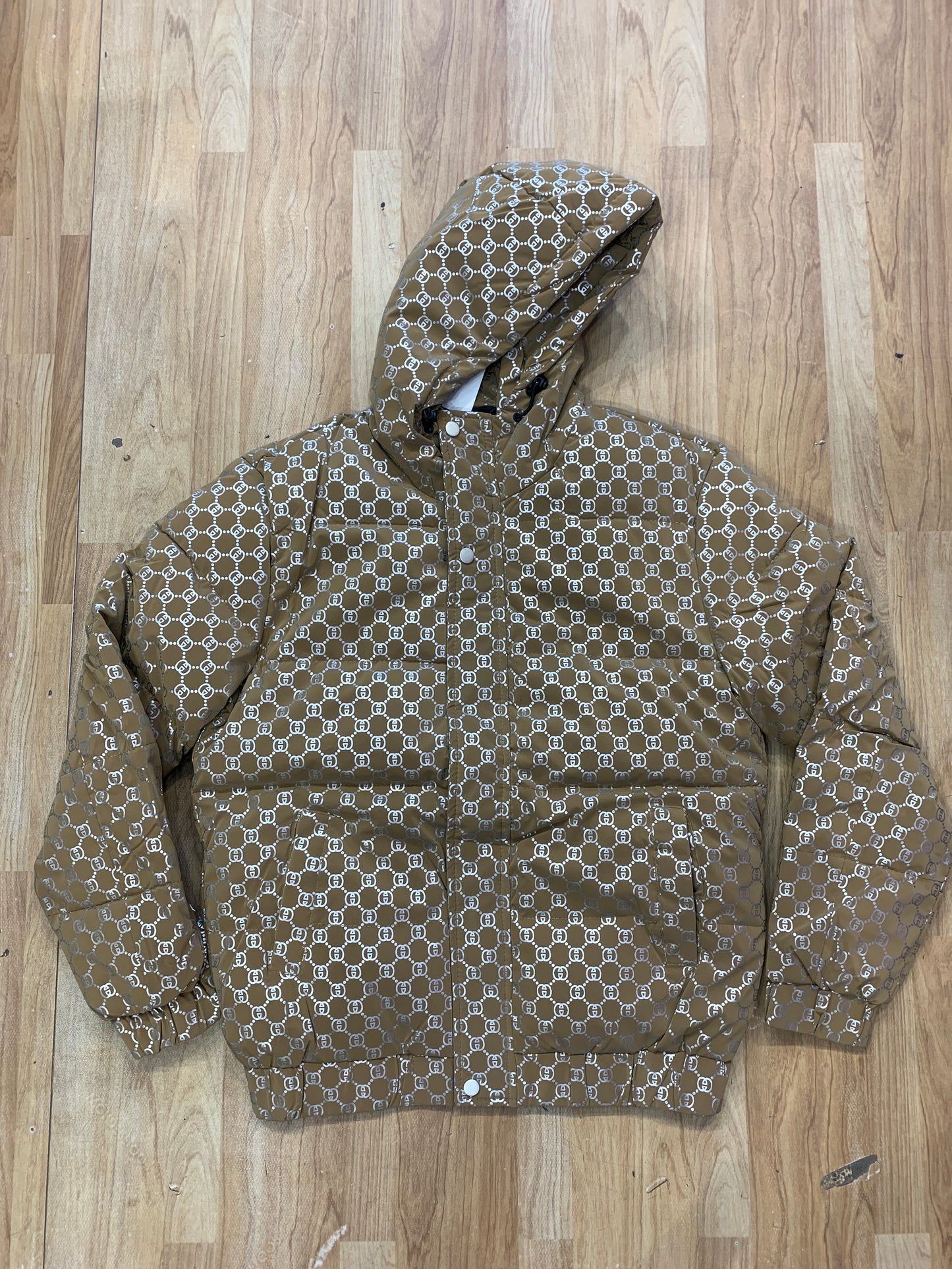 Important Puffer Jacket Brown Colour Grey Prints 8879