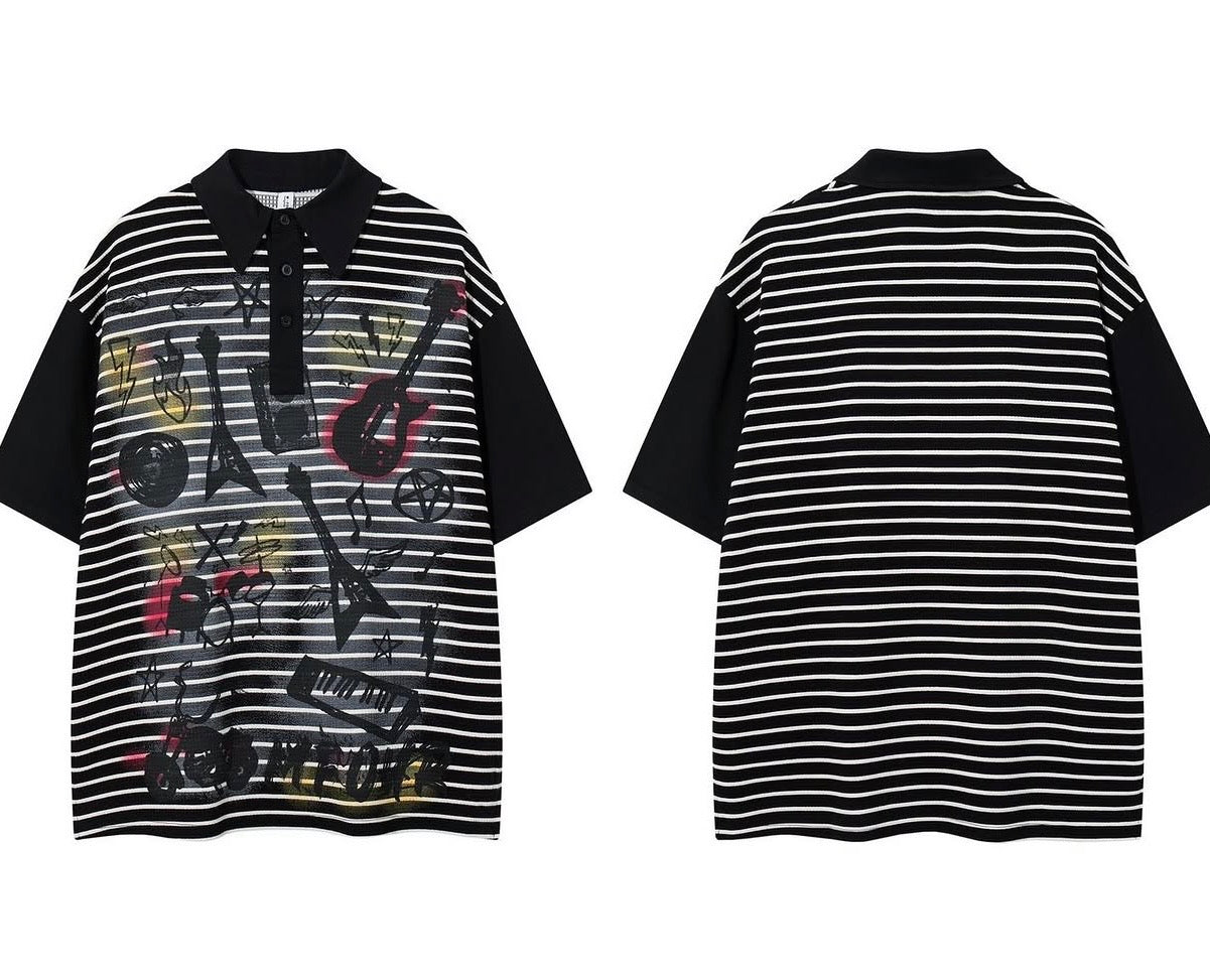 M Four Black White Stripe Yellow Red  Colour Print Baggy Look Coller Tshirt 298