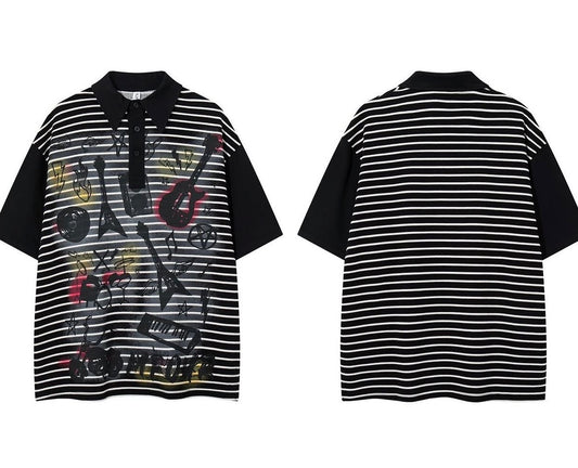 M Four Black White Stripe Yellow Red  Colour Print Baggy Look Coller Tshirt 298
