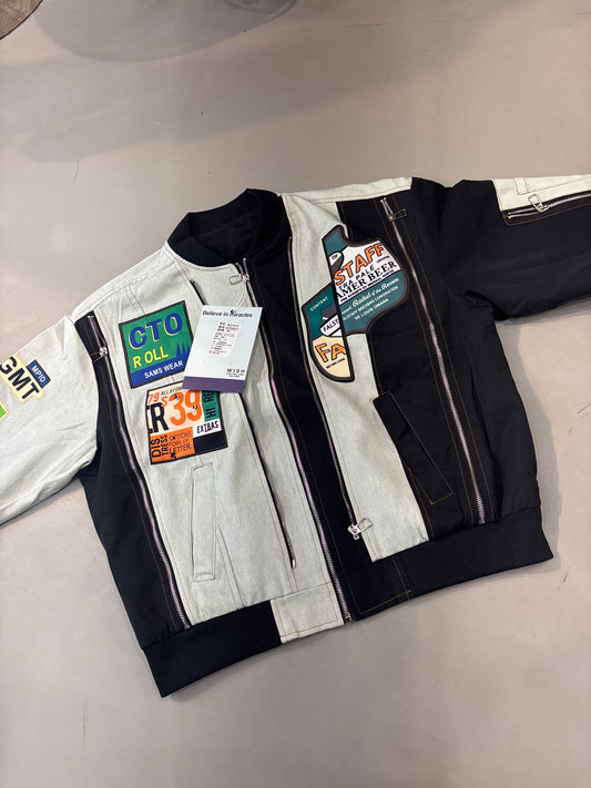 LDA Cto Roll Sams Wear Blue Black Designer Patch Work Zip Work Full Sleeve Denim Jacket K25821