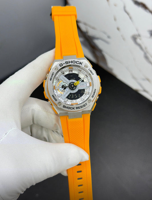 Hsg Mustard Yellow Silicone Strap Silver Metal Dial Water resistant Sports Men Watch 989493