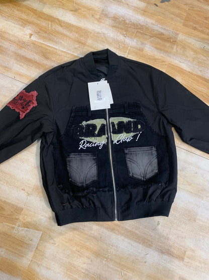 BRAND RACING CLUB Black Colour With Rugged Denim Embroidery Design Premium Quality Unisex Varsity Jacket 012